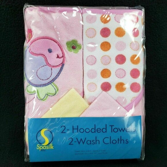 Spasilk‎ Pink 2 Hooded Towels and 2 Washcloths Set Fish Polka Dots New - Picture 1 of 9